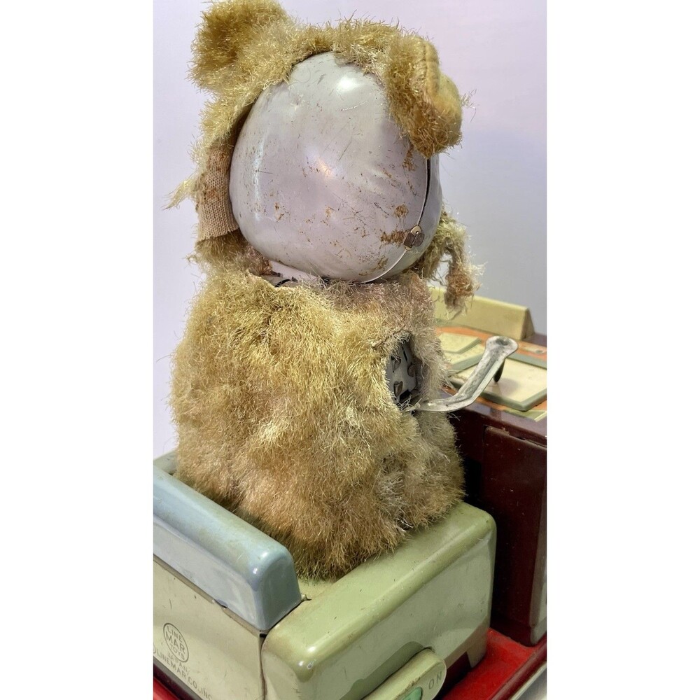 Linemar Tin Toy "I Am The Boss" Drinking Writing Bear Japan 1950s AS-IS - Picture 8 of 15